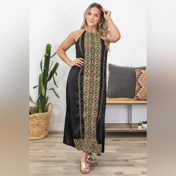 NWT! Savanna Jane Black Gold Embroidered Detail Halter Top Slit Maxi Dress Sz M - Picture 1 of 8